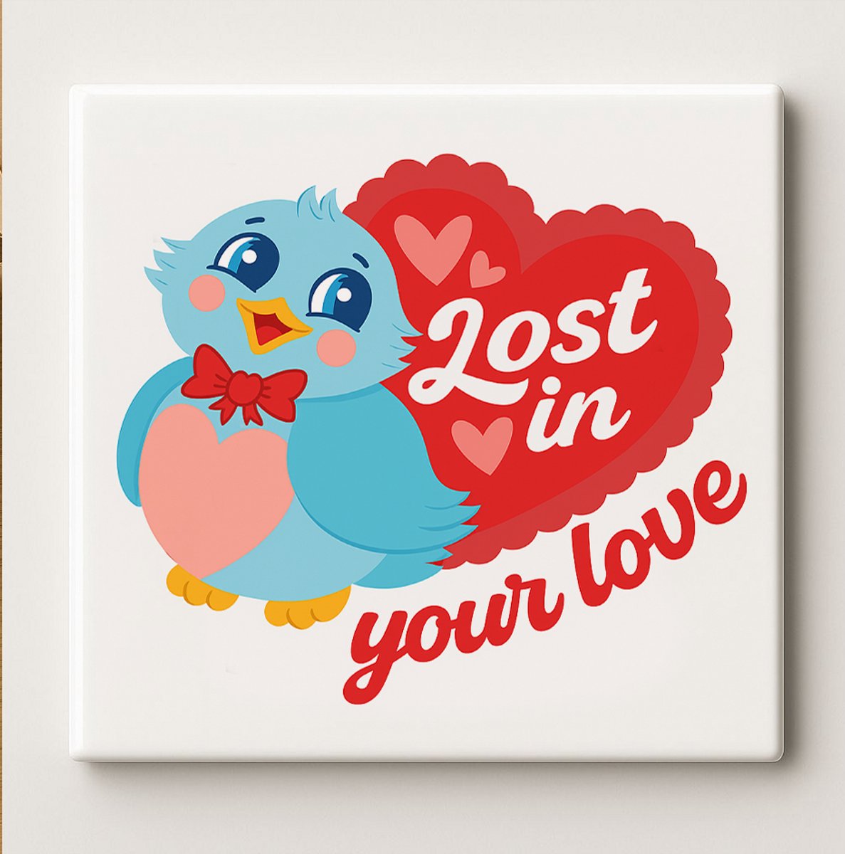 Nevolis Lost in Your Love Keramische Tegel 15x15 cm – Schattige Blauwe Vogel met Hart Ontwerp – Romantische Wanddecoratie & Perfect Cadeau voor Valentijnsdag of Jubileum Multi Color
