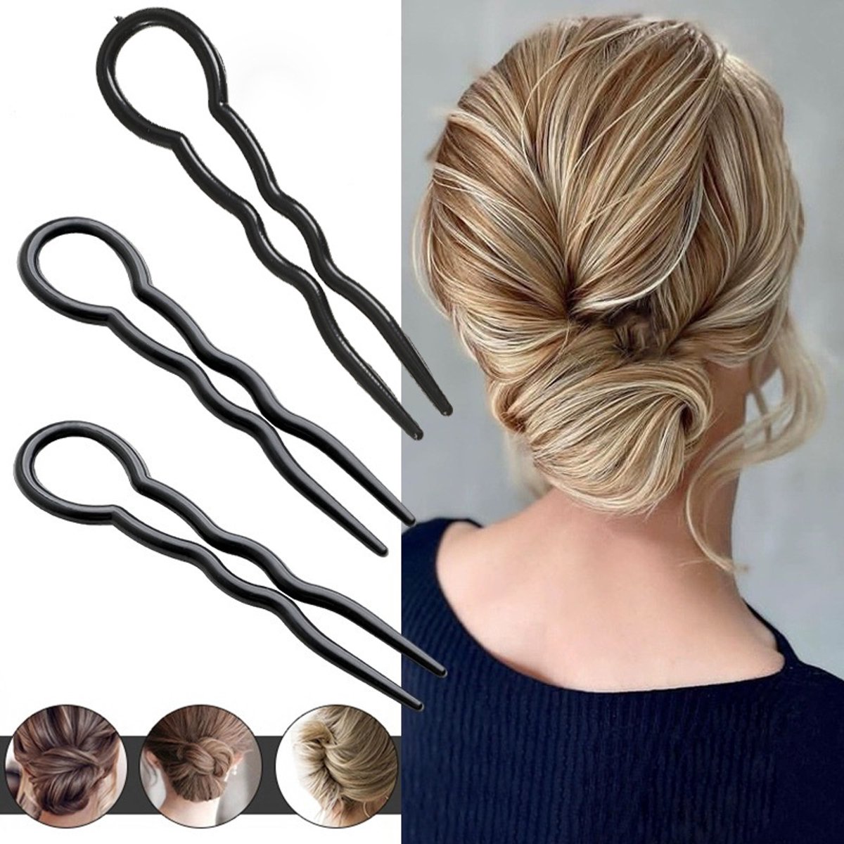 3 stuks Haar Styling hulpstuk - Maak de perfecte haarknot - Haarclip Tool - Spiraal Volume creatie - haarspeld – Haarschuifje - Haarschuifje - Zwart - LOUZIR