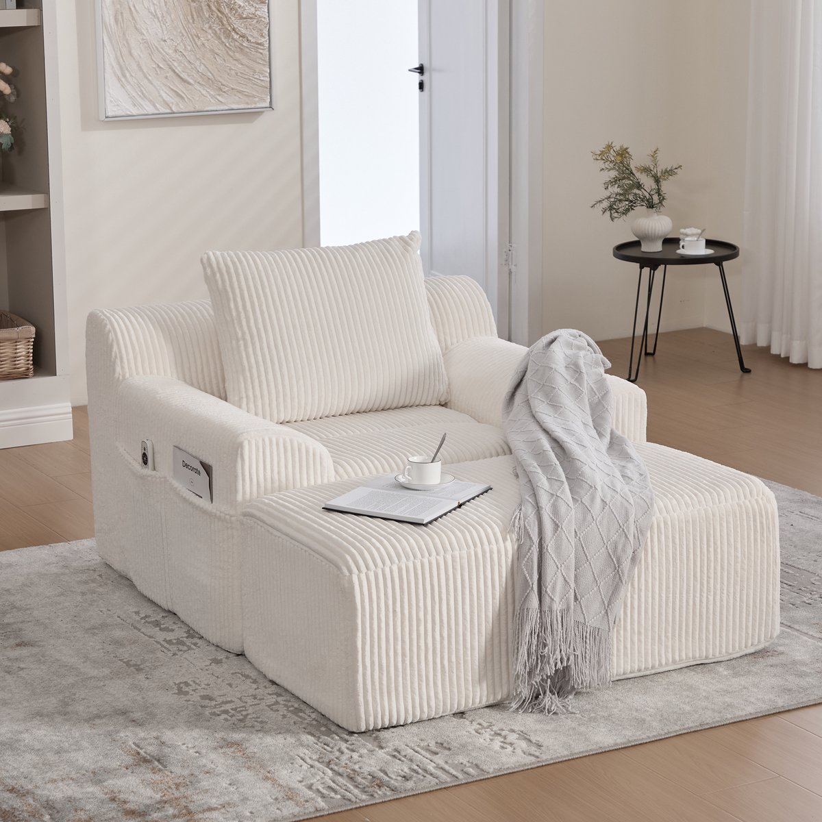 Extreem grote luie stoel met opstapjes, leunstoel van kordfluweel met zijzakken en kussen, diepe zitting, moderne gepolsterde fauteuil, zachte relaxstoel zonder harde randen, geen montage vereist- Wit