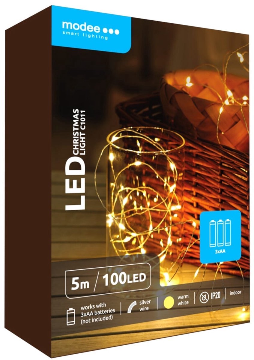 Modee Lichtsnoer Kerst 5 Meter - Kerstverlichting voor Binnen - Inclusief 3xAA Batterijen - 100 LED Lampjes IP20 - 3000K - Warm Wit Licht - Per stuk