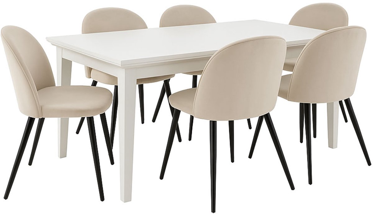 Venedig eethoek eettafel wit 95x180/276 met 2 stuks extra plaat 6 stoelen velours beige.