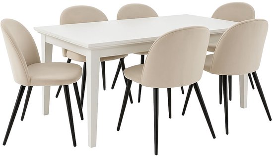 Coin repas Venedig table à manger blanche 95x180/276 avec 2 assiettes supplémentaires et 6 chaises en velours beige.