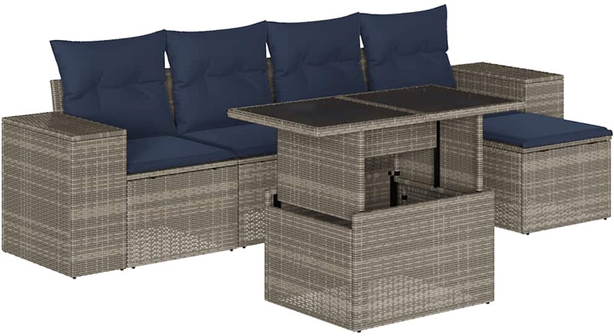 vidaXL - 6-delige - tuinbankset - met - kussens, - grijs - polyrotan