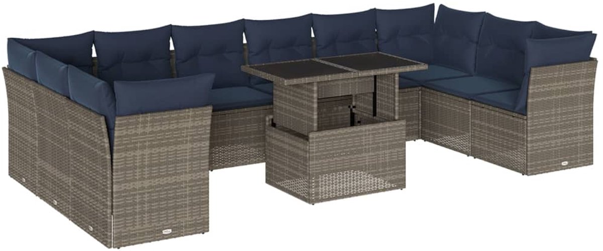 vidaXL - 11-delige - tuinbankset - met - kussens, - grijs - polyrotan