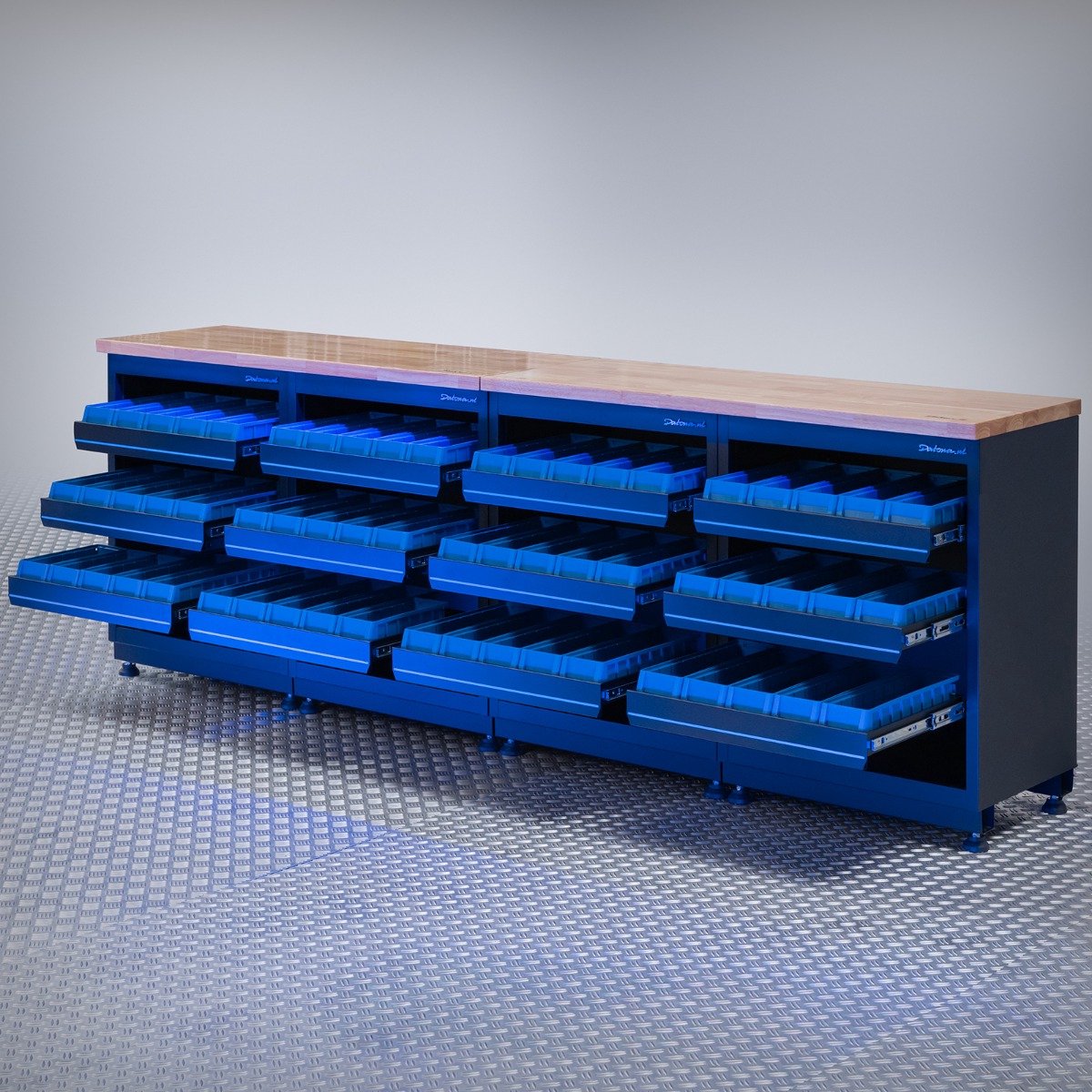 Datona® Werkbank PREMIUM eiken werkblad met opbergbakken – 272 cm - Zwart