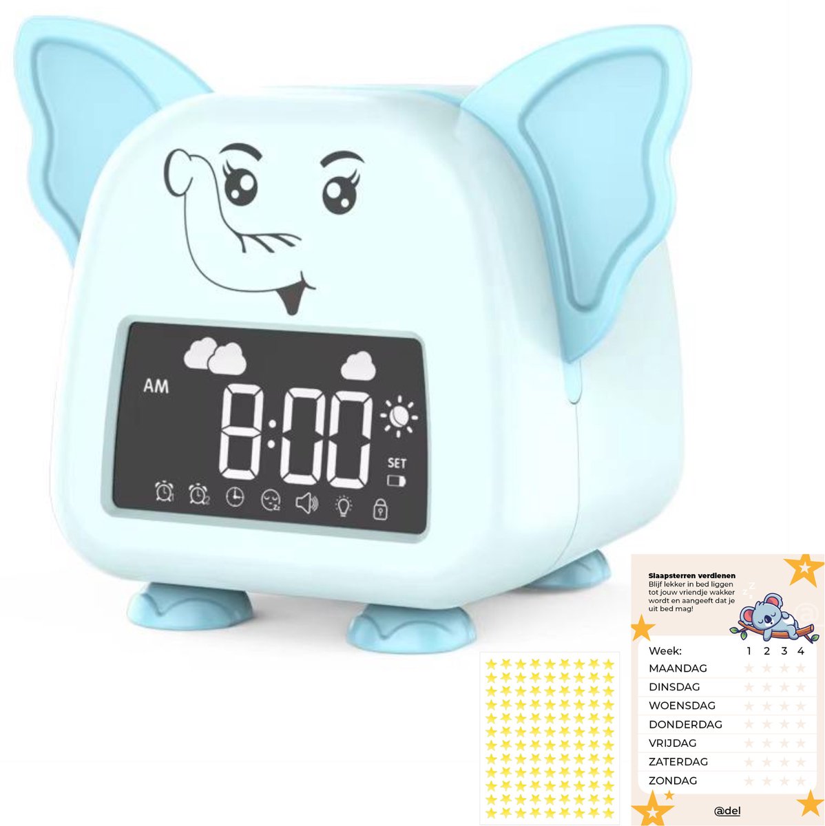 Image of ADEL Slaapwekker & Slaaptrainer voor Kinderen – Kinderwekker voor de Slaapkamer – Vrolijke Kinderklok Inclusief Beloningskaart – Lieve Olifant