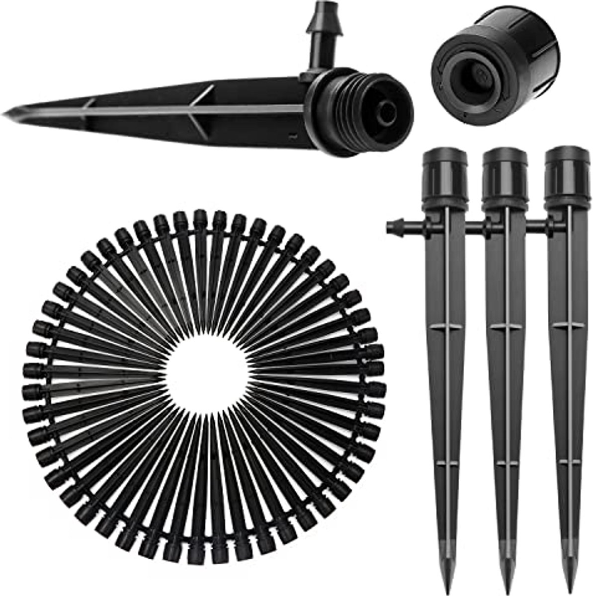 50 Stuks 360 Graden Verstelbare Irrigatie Druppelaar Sprinkler, VooGenzek Micro Stake Druppelaar met Barbed Connector voor 4/7 mm Tuinslang Irrigatiesysteem, Waterstroom Stake Emitter, Zwart