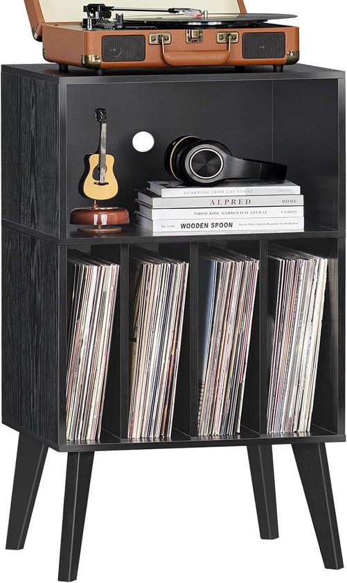 Houten LP-platenspelerstandaard, draaitafelstandaard met 3 niveaus, geschikt voor maximaal 100 albums, metalen platenopslaghouder en organisatietafel, moderne platenspelerhouder uit het midden van de