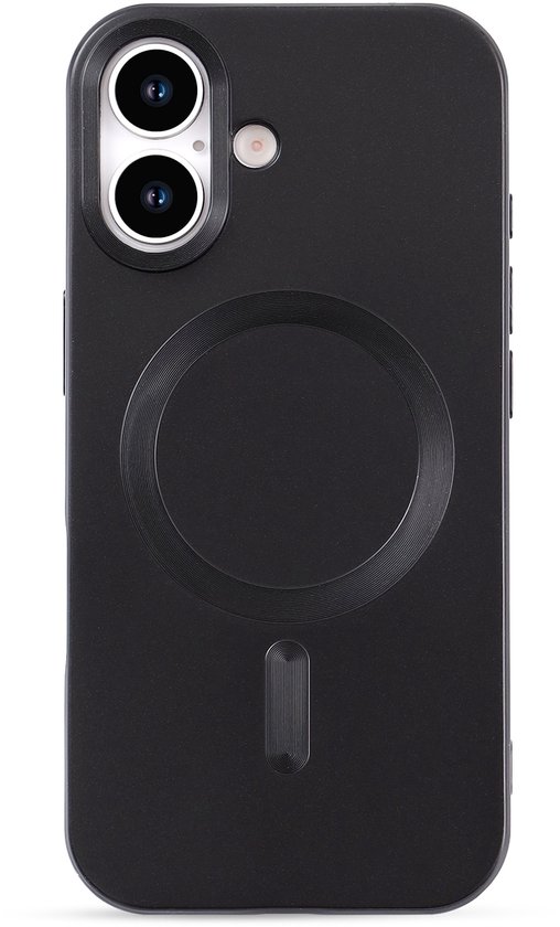 Coque MagSafe noire en silicone mat pour iPhone, avec découpe pour double objectif de caméra.