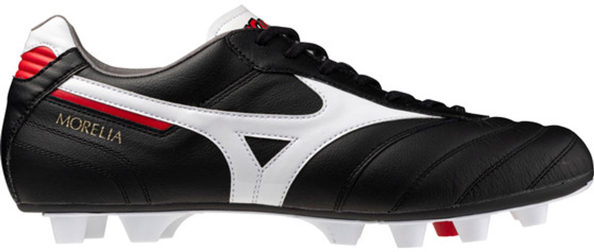 Mizuno Morelia II Elite FG voetbalschoen in zwart, wit en rood, met hoogwaardig leren bovenwerk voor comfort op grasvelden.