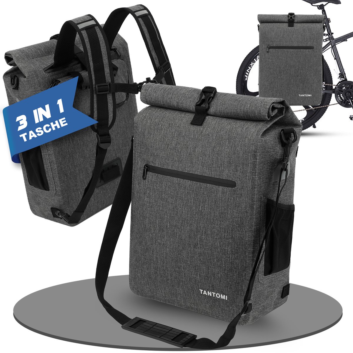 TAN.TOMI Fietstas / Rugtas / Schoudertas 3-in-1 – 28L – 100% Waterdicht – Met Laptopvak & Afneembare Schouderband – Reflecterend Logo - Grijs