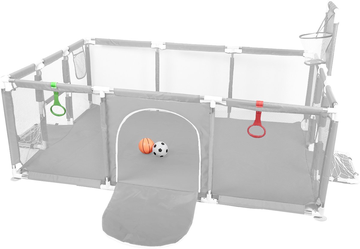 PIPIPOXER-Grondbox - Baby Speelbox met voetbal en basketbal - Antislip bodem -180*120 cm-Lichtgrijs