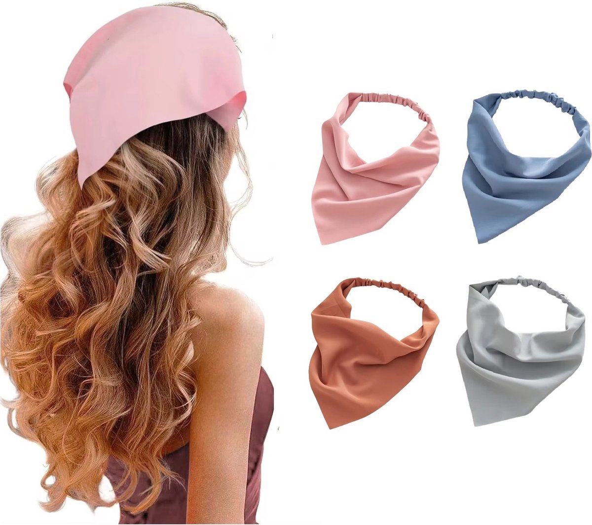 4 Stuks Dames Bandana Haarbanden – Driehoekig & Retro – Roze, Blauw, Groen en Roestbruin
