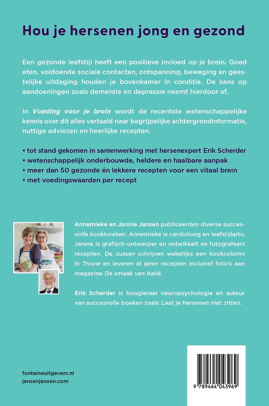 Achterkant boek "Hou je hersenen jong en gezond" met informatie over voeding en het brein, en de auteurs Annemieke en Janine Jansen en Erik Scherder.