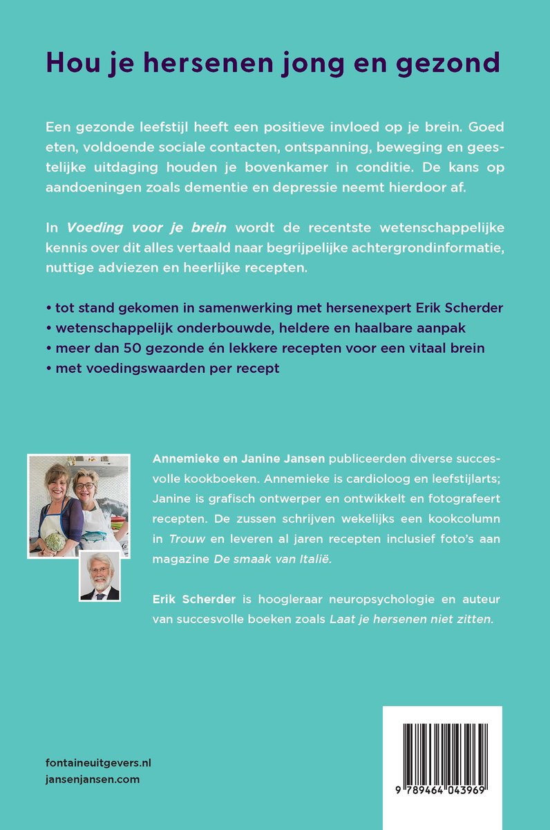 Achterkant boek "Hou je hersenen jong en gezond" met informatie over voeding en het brein, en de auteurs Annemieke en Janine Jansen en Erik Scherder.