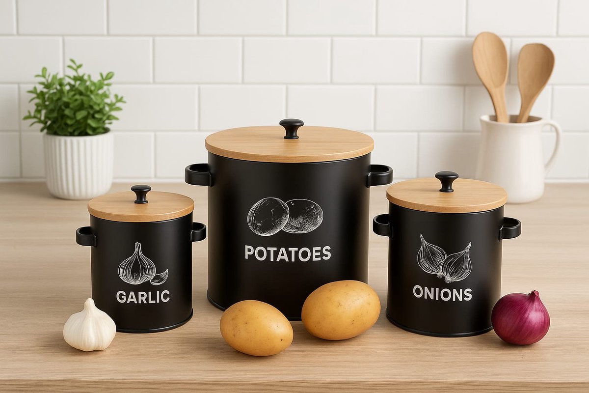 Voorraadpot met deksel - 3in1 Aardappel, Uien & Knoflookbak – Aardappelbak – Uienpot – Knoflookpot – Aardappelschilbak – Bewaarpot – Zwart