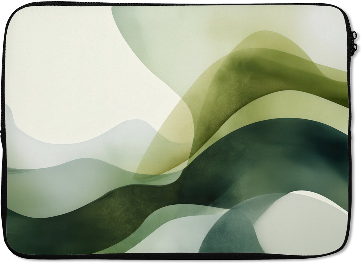 Laptophoes 14 inch - Golven - Abstract - Lichtgroen - Sierlijk - Laptop sleeve - Binnenmaat 33x23 cm - Zwarte achterkant