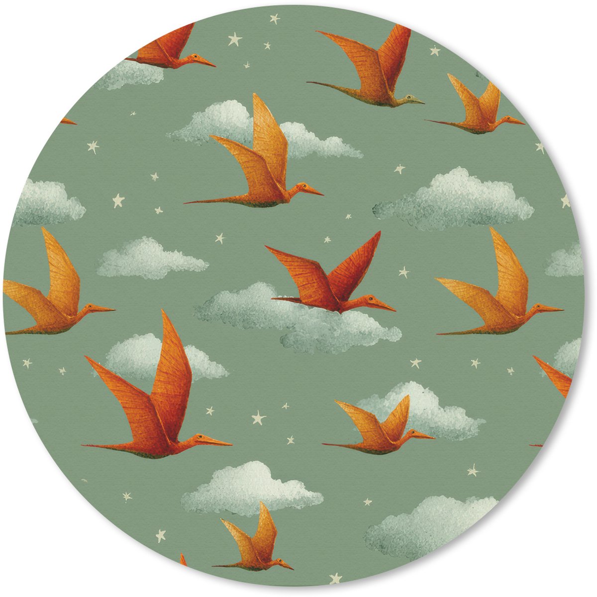 Muismat rond 40x40 cm - Mousepad Dinosaurussen - Wolken - Sterren - Oranje - Ronde muismatten