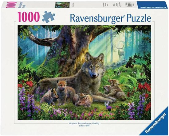 Ravensburger 1000-delige puzzeldoos met afbeelding van een wolf met welpen in een bos.