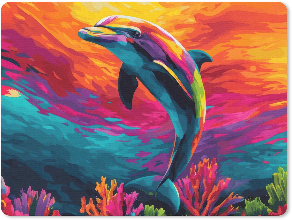 Muismat 23x19 cm - Mousepad Dolfijn - Kleurrijk - Oceaan - Koraal - Muismatten