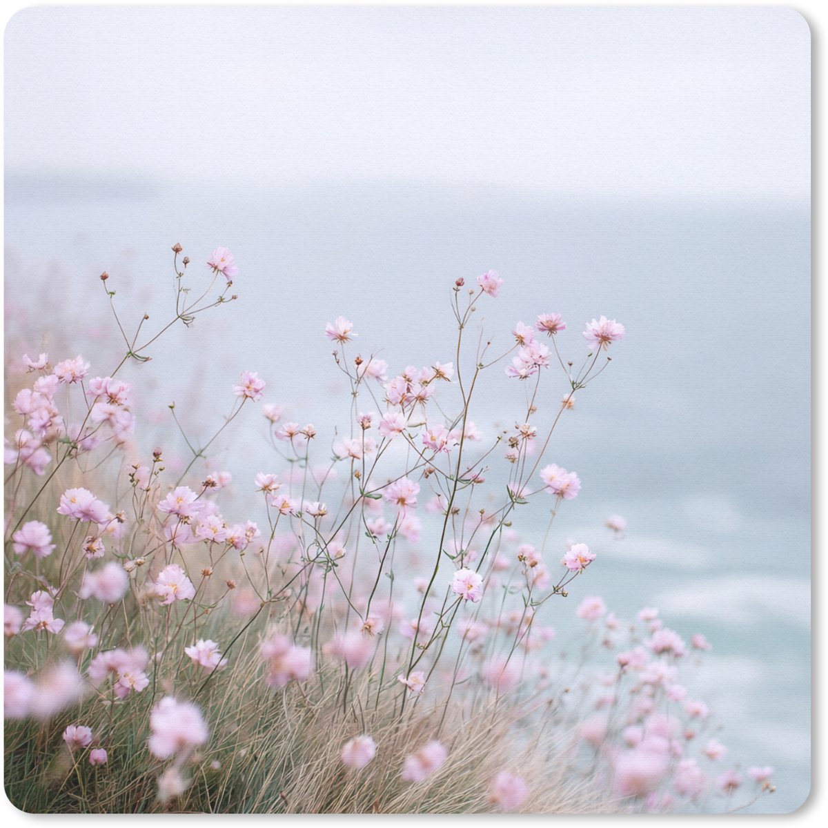 Muismat 30x30 cm - Mousepad Klif - Bloemen - Zee - Roze - Muismatten