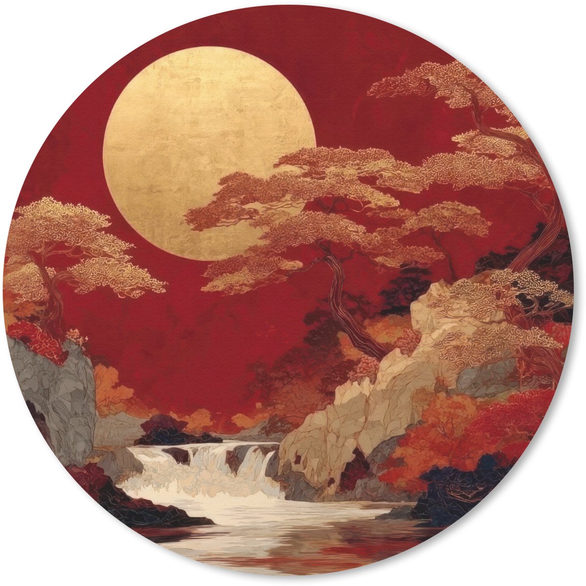 Muismat rond 30x30 cm - Mousepad Volle maan - Landschap - Waterval - Ronde muismatten