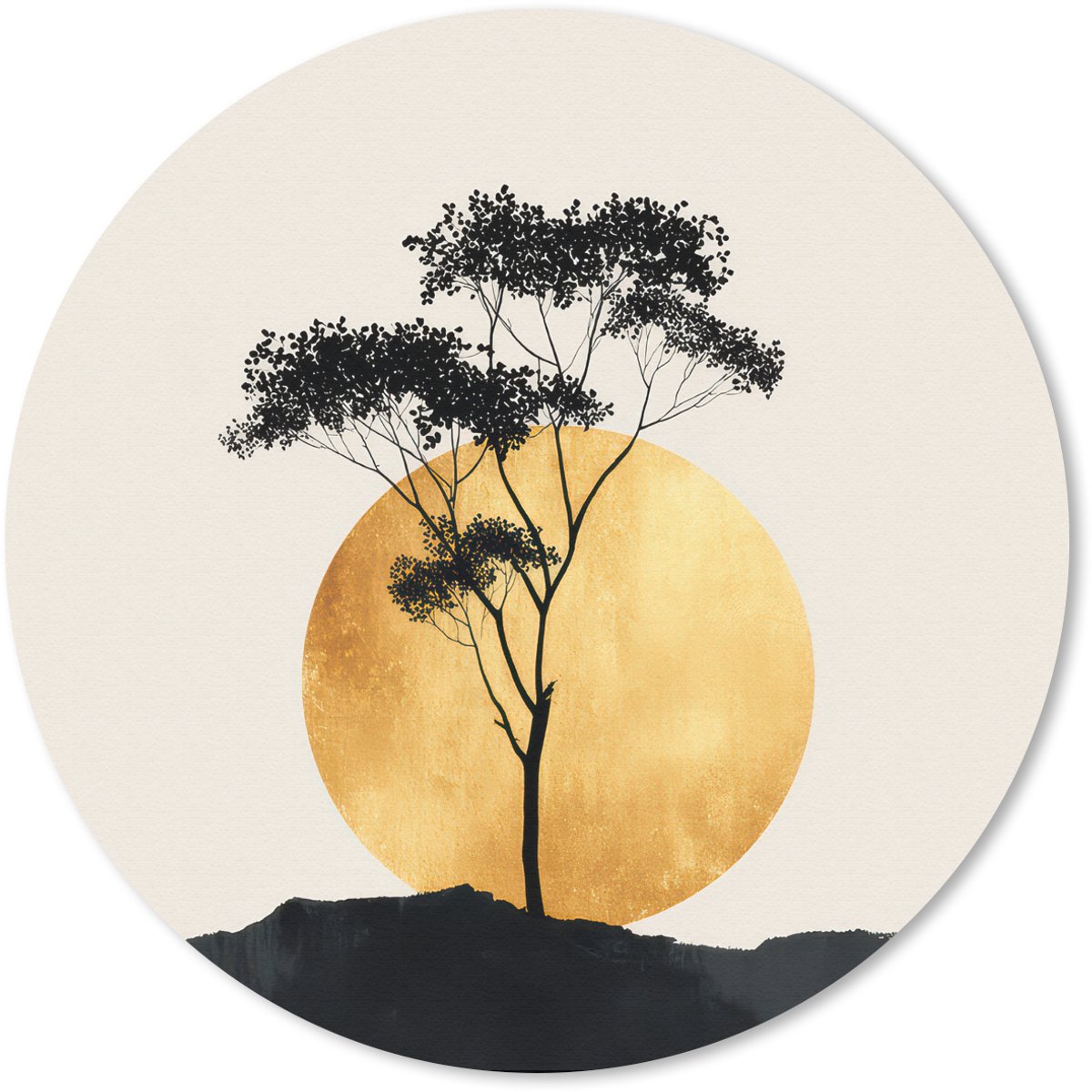 Muismat rond 30x30 cm - Mousepad Zwarte boom - Gouden cirkel - Heuvel - Ronde muismatten