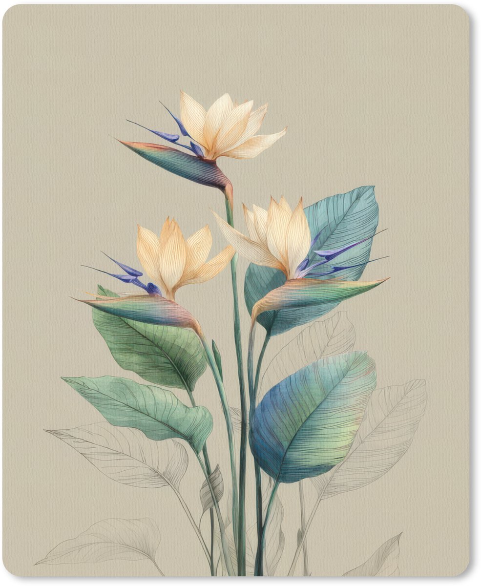 Muismat 19x23 cm - Mousepad Paradijsvogelbloemen - Blauwgroene bladeren - Beige - Muismatten