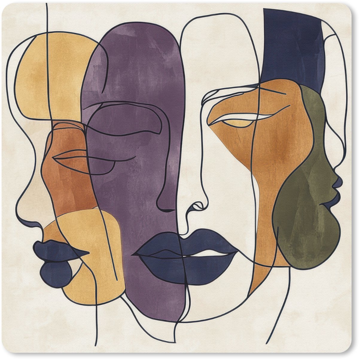 Muismat 30x30 cm - Mousepad Abstract - Overlappende gezichten - Paars - Donkergroen - Muismatten