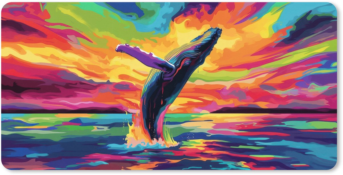 Muismat XXL 100x50 cm - Bureau onderlegger - Bureau mat Zonsondergang - Walvis - Geschilderd - Kleurrijk - Bureaumat - Gaming mousepad xl - Bureaulegger groot - Computer deskmat