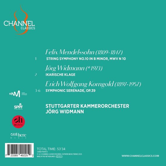 Albumhoes met tekst: Felix Mendelssohn, Jörg Widmann, Erich Wolfgang Korngold. Stuttgarter Kammerorchester, Jörg Widmann. Logo's Channel Classics, SPPF, ddi music, Outhere Music.