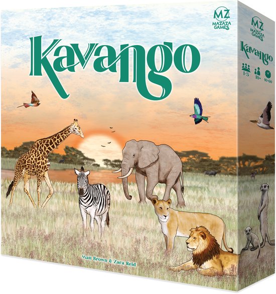 Kavango bordspel met giraf, olifant, zebra, leeuw, meerkat en twee vogels in Afrikaanse savanne bij zonsondergang.