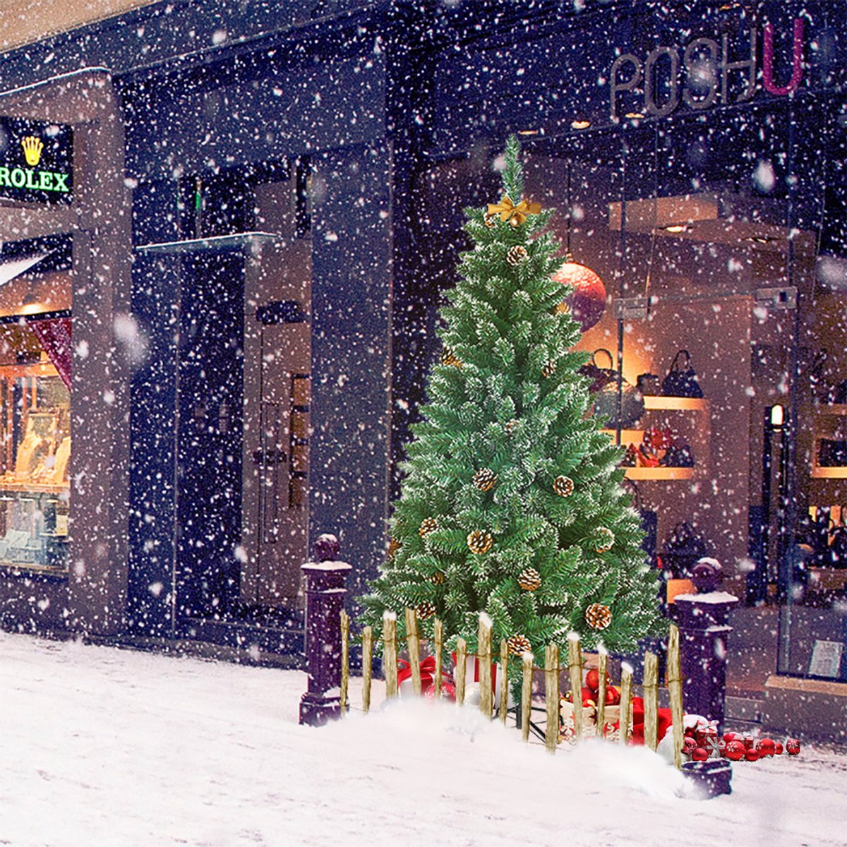 180CM Kunstkerstboom, Dennenboom, Kunstboom Wit & Groen met Sneeuweffect + Dennenappels, PVC Kerstboom inclusief Standaard – foto 3