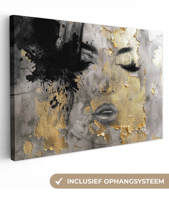 Canvas schilderij 120x80 cm - Wanddecoratie Vrouw - Kunst - Goud - Zwart - Muurdecoratie woonkamer - Kamer decoratie modern - Abstracte schilderijen