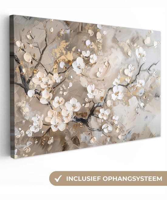 Canvas schilderij 120x80 cm - Wanddecoratie Bloemen - Wit - Goud - Beige - Luxe - Muurdecoratie woonkamer - Slaapkamer decoratie - Kamer accessoires - Schilderijen op canvas