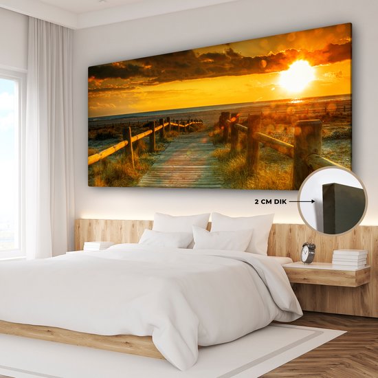 Canvas schilderij 200x100 cm - Wanddecoratie Zon - Strand - Duin - Horizon - Gras - Pad - Oranje - Muurdecoratie woonkamer - Slaapkamer decoratie - Kamer accessoires - Schilderijen op canvas