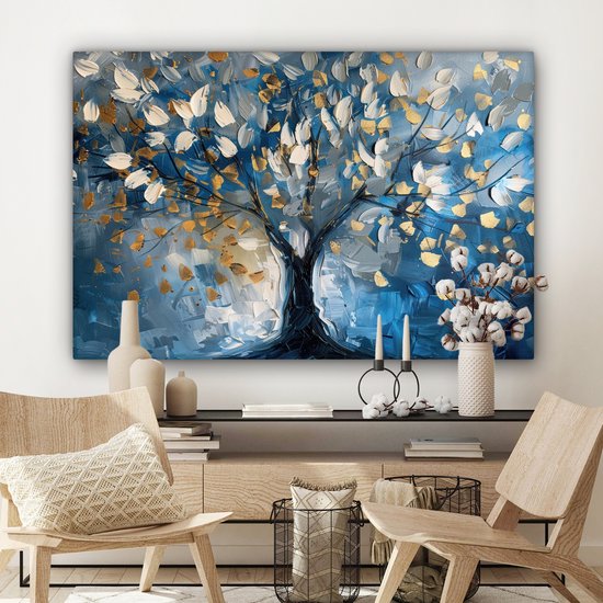 Peinture sur toile 120x80 cm - Décoration murale Arbre - Blauw - Or - Abstrait - Décoration murale murale salon - Décoration chambre - Accessoires de chambre - Peintures