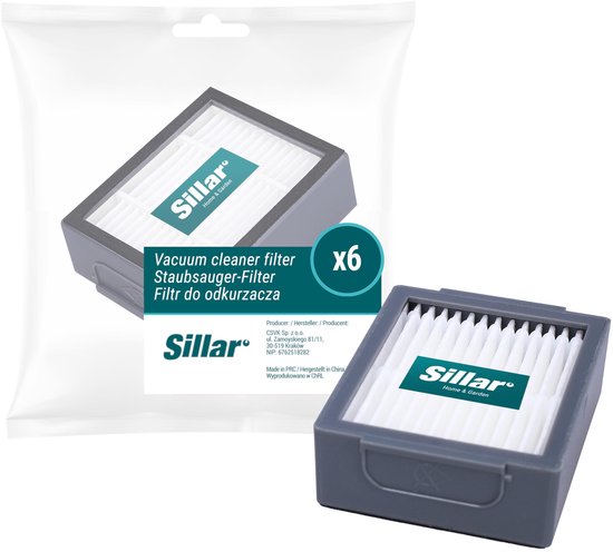 Zes Sillar stofzuigerfilters in verpakking, één los met "x6" op de verpakking.