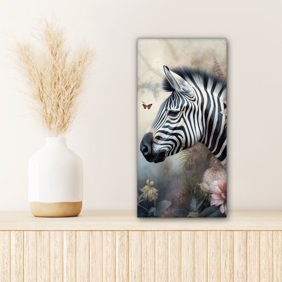 Tableau sur toile Zebra - Animaux sauvages - Papillon - Fleurs - 20x40 cm - Décoration murale