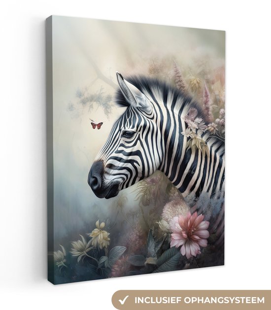 Tableau sur toile Zebra - Animaux sauvages - Papillon - Fleurs - 60x80 cm - Décoration murale