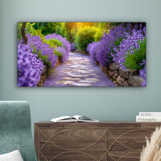 Peinture sur toile 80x40 cm - Décoration murale Fleurs - Allée - lavande - Jardin - Décoration murale murale salon - Décoration chambre - Accessoires de chambre - Peintures