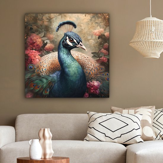 Tableau sur toile Paon - Vogel - Fleurs - Plantes - Plumes de Paon - 90x90 cm - Décoration murale