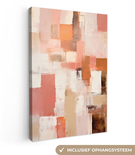 Abstract schilderij in roze, oranje, bruine en witte tinten met rechthoekige vormen, met de tekst 'inclusief ophangsysteem'.