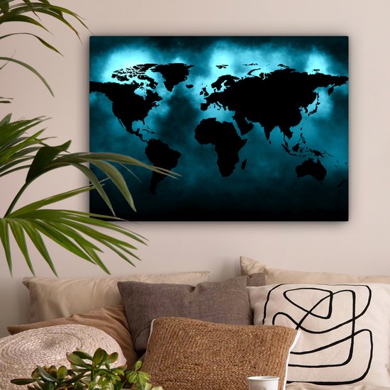 Wereldkaart Toile - 80x60 - Décoration murale Wereldkaart - Zwart - Blauw