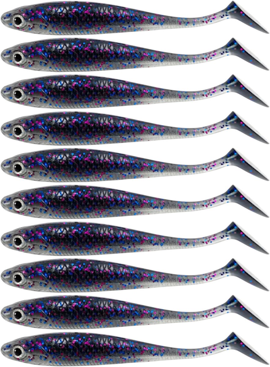 S&D | Shad Set 10 Stuks – 9cm / 5.5g – Grijs / Paars – Realistisch Kunstaas met Glitters & Schubbenpatroon – Voor Snoek, Baars & Roofvis