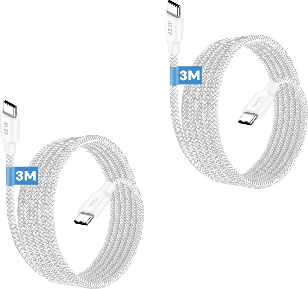 Usb C kabel - 65w Snellaadkabel - Nylon gevlochten - 3 meter lang