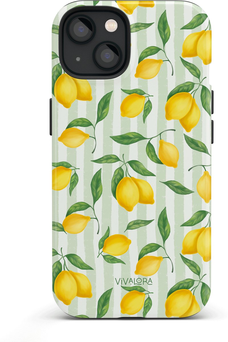 VivaLora Tough Telefoonhoesje iPhone 14 met MagSafe - Citrus Stripes Print - 2-in-1 Phone Case - Hard Case & Siliconen Back - Citroenen Dessin - Extra Bescherming - Shockproof - Geel/Groen