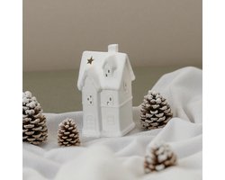 Porseleinen kersthuisje met dakkapel - Wit - 9,2x8x16,7 cm