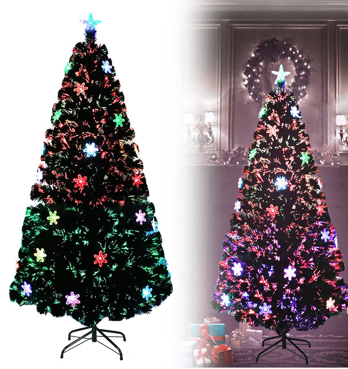 210cm Kunstkerstboom met verlichting PVC dennenboom LED sneeuwvlokken glasvezel kleurverandering groene boom metalen standaard decoratieve boom kunstkerstboom met metalen standaard