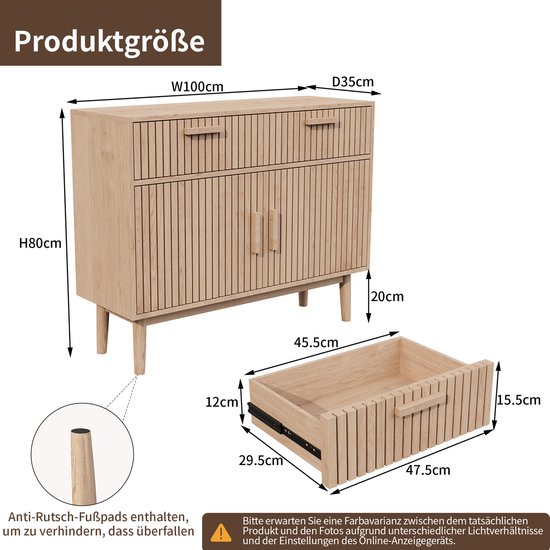Dressoir 100 x 35 x 80 cm, met verticaal patroon, met 2 laden
